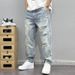 Vintage Light Wash Distressed Wide Leg Jeans, Men's American High Street Loose Straight Ripped Denim Pants Streetwea_mkmklike.com