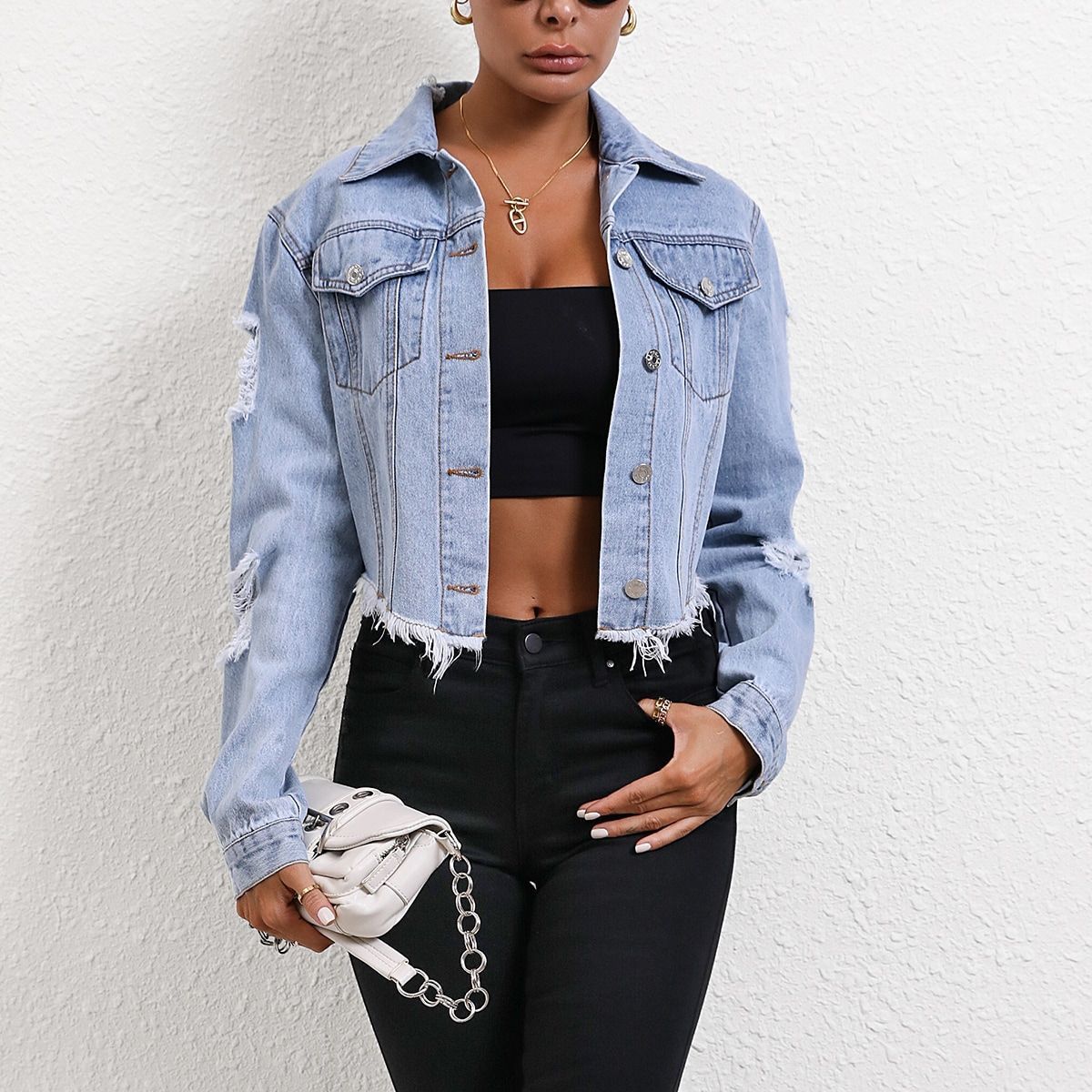 Women’s Clothing Casual loose ripped long sleeved short denim jacket_mkmklike.com