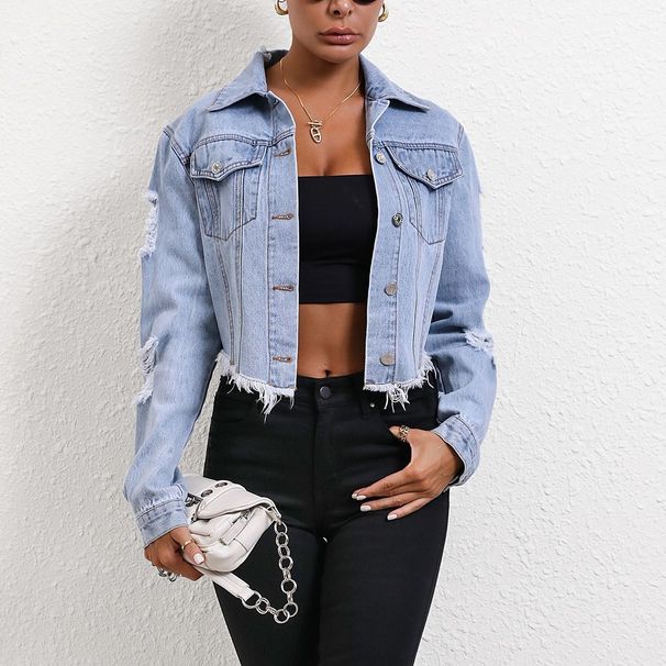 Women’s Clothing Casual loose ripped long sleeved short denim jacket_mkmklike.com