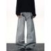 "Unisex Vintage Washed Distressed Jeans – High Street Winter Denim With Letter Print, Relaxed Straight-Leg Micro Flare | Retro Comfort "_mkmklike.com