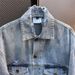Men's Distressed Denim Jacket With Washed Effect Streetwear Style Workwear Coat, Loose Fit, Turn-Down Collar, Multiple Pockets, Casual Outerwear_mkmklike.com