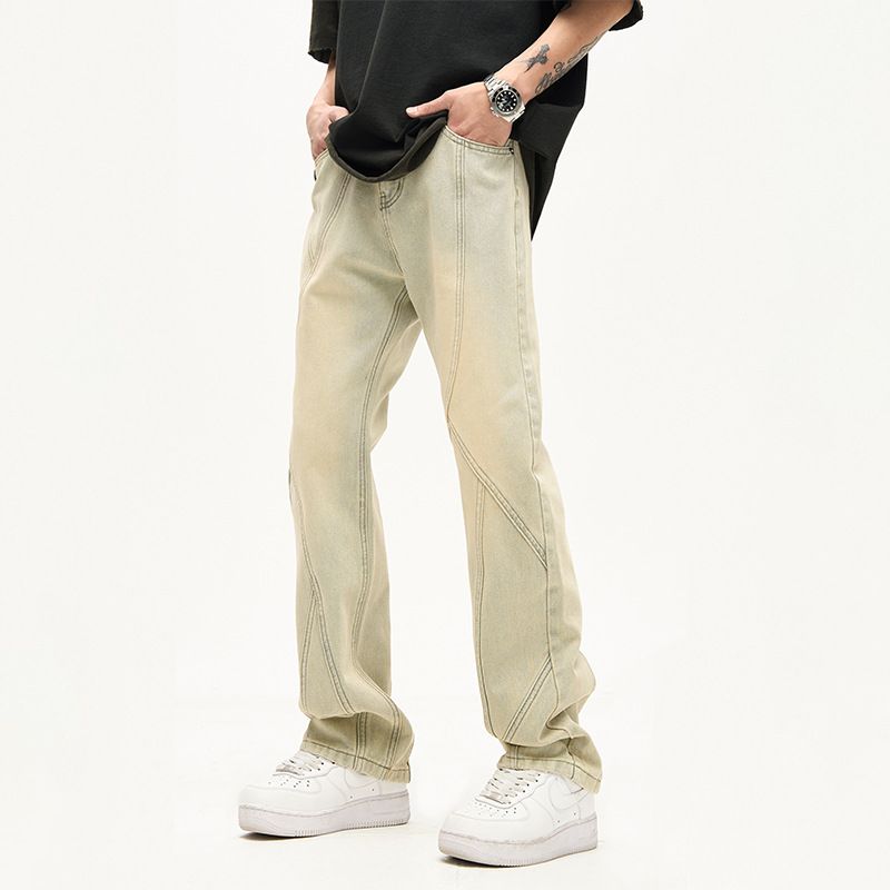 Nordmann European And American Mud Yellow Jeans For Men High Street Trend Hip Hop Retro Straight Slim Casual Pants_mkmklike.com