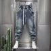 Men's Vintage Washed Blue Jeans – Relaxed Fit Cargo Pants With Button Accents & Mid-Rise Waist (90s Streetwear Revival)_mkmklike.com