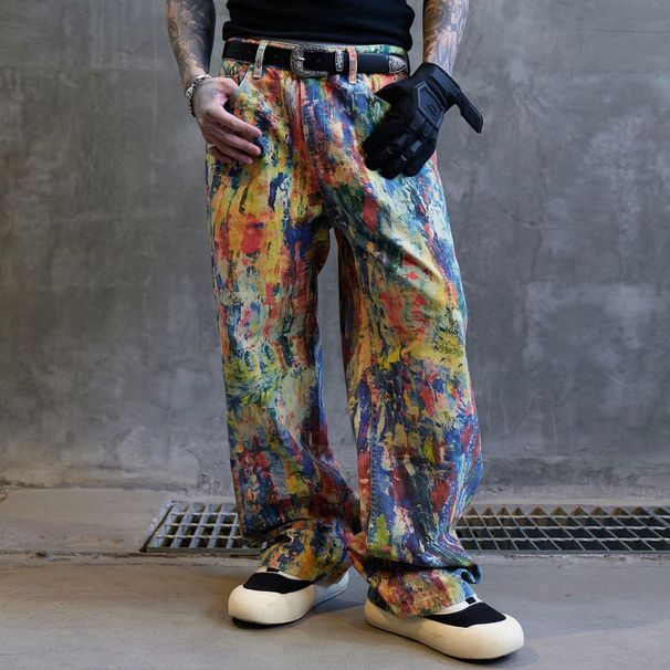 Men's Clothing Illusion Paint High Version Graffiti Jeans Original Straight Pants Leg Pants_mkmklike.com