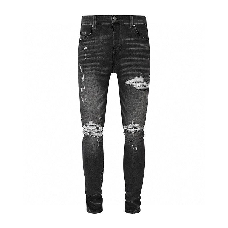 Men's Clothing Men's Smoky Grey Jeans With Ripped Knees And Hot Diamond Patches, Stretchy, Slim Fit And Stylish_mkmklike.com