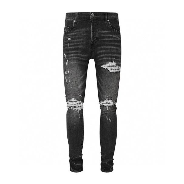 Men's Clothing Men's Smoky Grey Jeans With Ripped Knees And Hot Diamond Patches, Stretchy, Slim Fit And Stylish_mkmklike.com