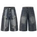 Vintage Americana Star Patch Embroidered Distressed Denim Capri Pants For Men And Women, High Street Summer Wide Leg Cropped Trousers_mkmklike.com