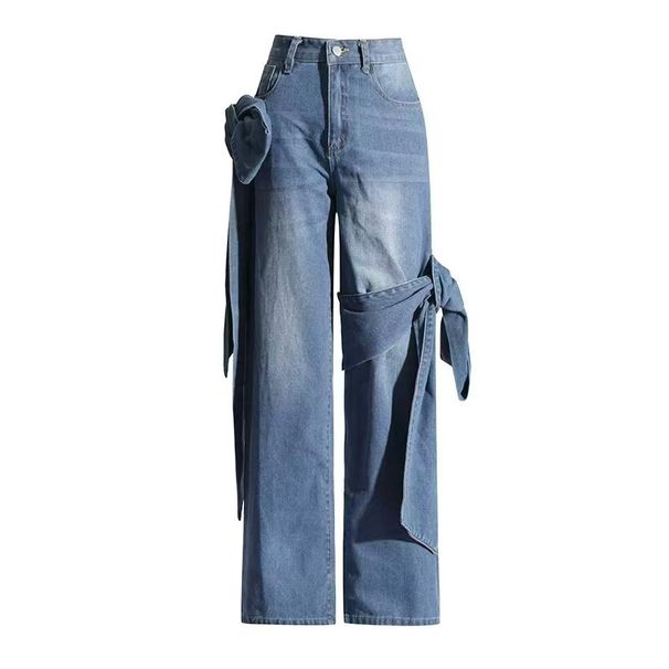 Women's High Waist Patch Pocket Jeans With Bow Tie Detail - Street Style Wide Leg Pants In Solid Blue_mkmklike.com