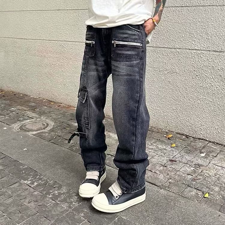 Men's High Street Cargo Jeans – Oversized Straight-Leg Workwear Pants With Utility Pockets & 90s Grunge Aesthetic_mkmklike.com