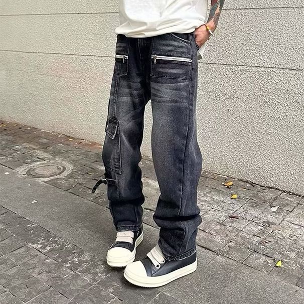 Men's High Street Cargo Jeans – Oversized Straight-Leg Workwear Pants With Utility Pockets & 90s Grunge Aesthetic_mkmklike.com