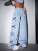Women's Printed Flared Jeans - High-Waisted Vintage Denim Pants With Butterfly Embroidery (Light Blue/Dark Blue, XS-XXL)_mkmklike.com