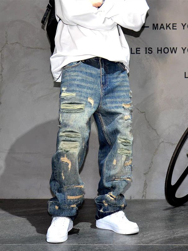 Men's Clothing Loose Straight Leg Distressed Jeans Retro American Style Street Fashion Brand Clothing_mkmklike.com