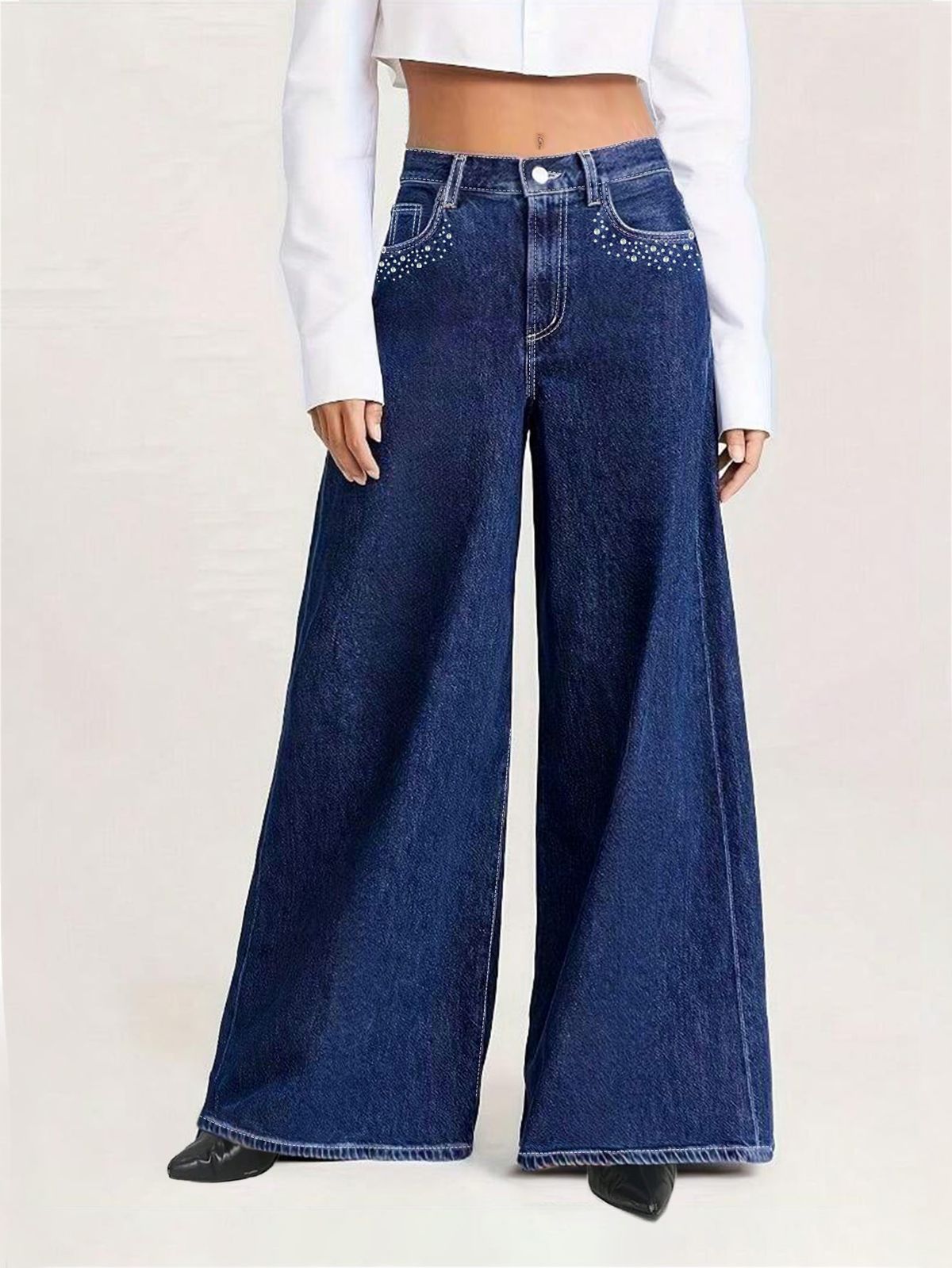 Women's Clothing Distressed Wide-Leg Jeans For Women – Rhinestone Pocket Boho Denim Pants (S-XXL, Vintage Wash, Non-Stretch)_mkmklike.com