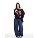 Cross-border American Retro Large-pocket Scythe Jeans For Women, Loose-fitting, Floor-length, Wide-leg, Blue, Casual_mkmklike.com