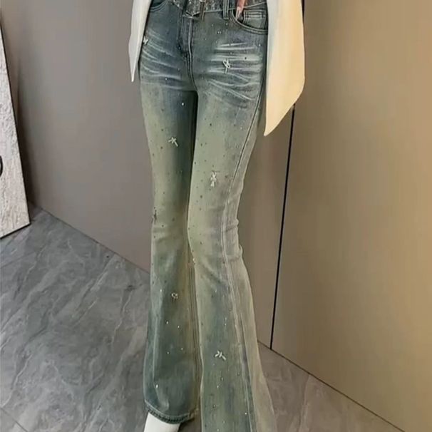 European-style Blue Heavy-duty Rhinestone Butterfly Jeans For Women, New Spring Design, Niche High-waisted Flared Pants_mkmklike.com