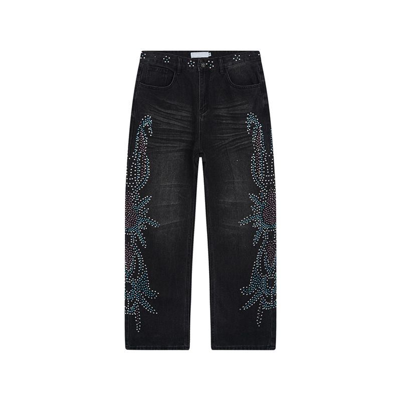 Distressed High-Street Jeans – Ripped & Bedazzled Denim (Black/Blue, Sizes 30-38) | Vintage-Inspired Streetwear With Rhinestone Details_mkmklike.com