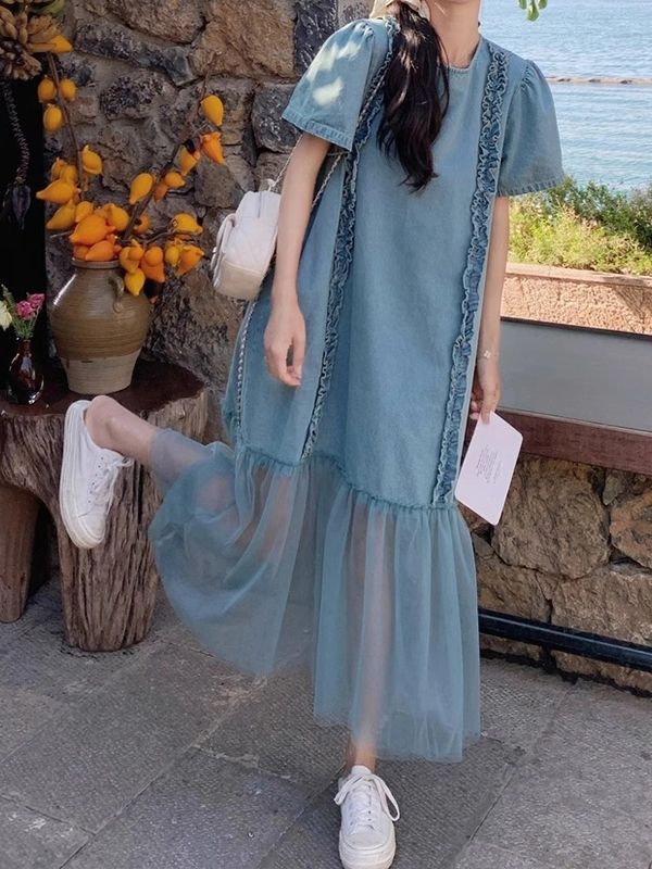 ELLE ELLE Minimalist Style Mesh Patchwork Women's Fashionable Denim Super Popular And Beautiful Long Dress_mkmklike.com