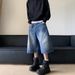 Men's American Style Lightning Crackle Pattern Cropped Jeans Summer Whiskered Washed Straight Leg Loose Fit Wide Leg 7/8 Length Shorts_mkmklike.com