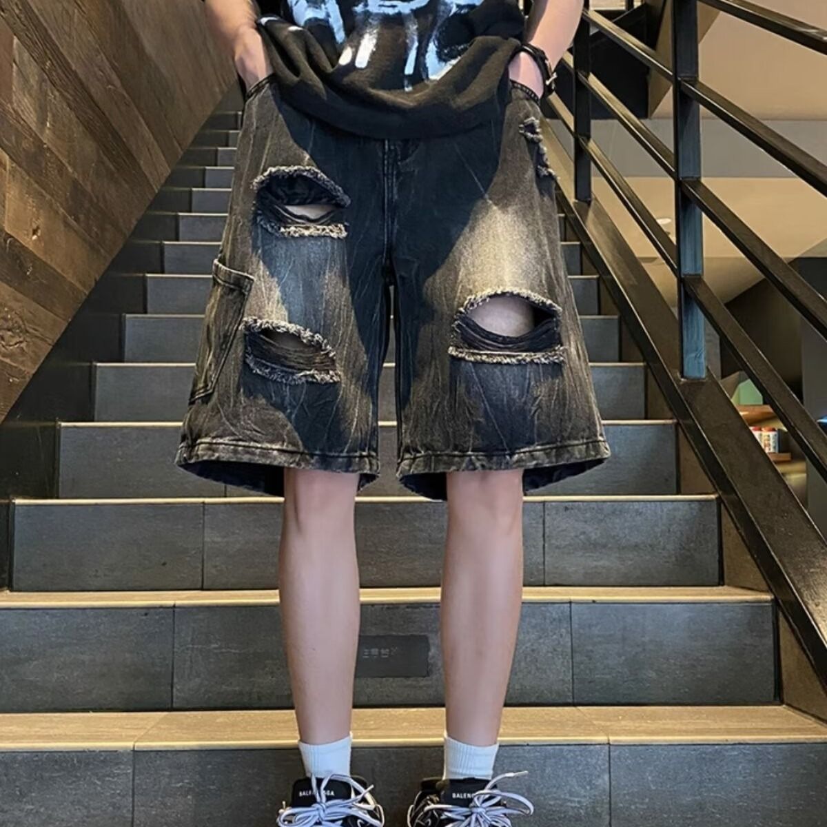 Men's Black Ripped Denim Shorts Trendy Brand Summer Workwear Jeans American Retro Style Cool And Stylish_mkmklike.com