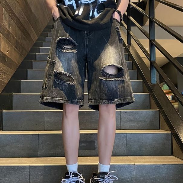 Men's Black Ripped Denim Shorts Trendy Brand Summer Workwear Jeans American Retro Style Cool And Stylish_mkmklike.com