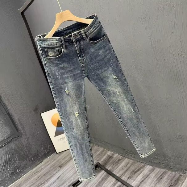 Men's Korean Style Stretchy Slim Fit Cropped Jeans Spring/Summer Cat Scratch Ripped Low Waist Blue Pants_mkmklike.com
