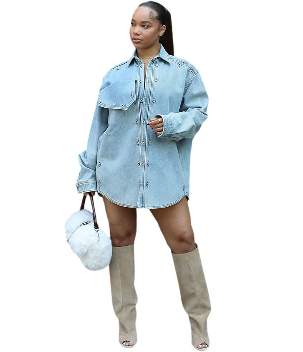Women's Oversized Denim Jacket – Long Sleeve Patchwork Streetwear Coat With Distressed Details (S-3XL, Light Blue, Urban Unisex Fit, Polyester Blend)_mkmklike.com