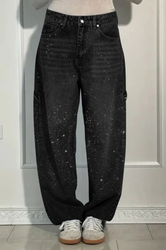 Women's Casual Starry Rhinestone Denim Jeans Loose Straight Leg Long Pants European American Style_mkmklike.com