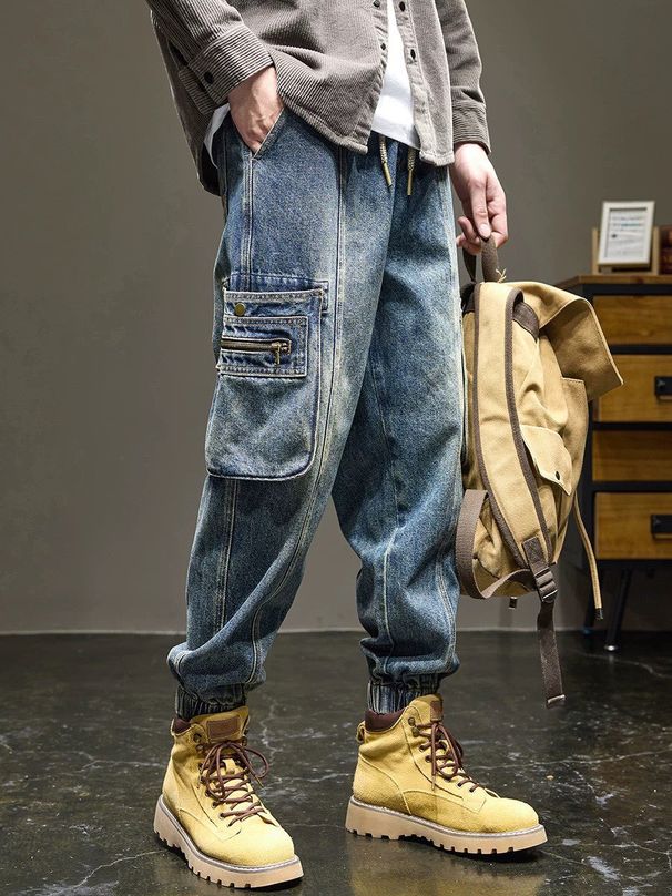 Men's Elastic Waist Drawstring Jeans Loose Fit Autumn Winter Style Trendy Versatile Jogger Knee Casual Harem Pants_mkmklike.com