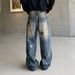 Men's Distressed Straight Leg Jeans With Star Rhinestones - Vintage Washed Loose Fit Wide Leg Pants For Casual Streetwear_mkmklike.com