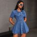 K Women's New Denim Style Casual Waist Cinched Lapel Dress_mkmklike.com
