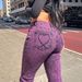 Retro Purple Washed Heart Appliqué Flared Jeans High Waisted Elastic Floor Length Pants for Women by PY1113GY_mkmklike.com