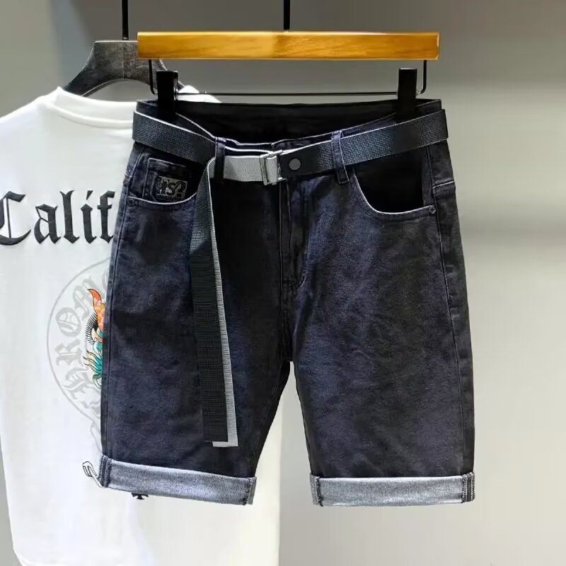 Men's Trendy Black Denim Shorts 2024 American Style Five Point Mid-Length Casual Stretch Summer Loose Fit Pants_mkmklike.com