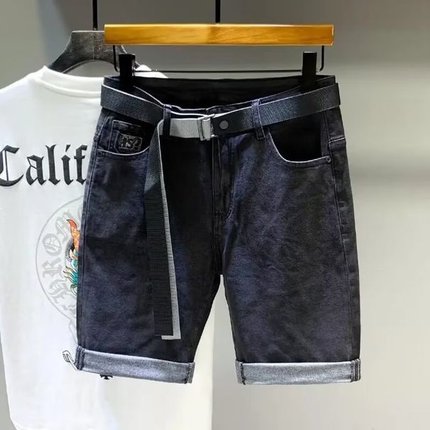 Men's Trendy Black Denim Shorts 2024 American Style Five Point Mid-Length Casual Stretch Summer Loose Fit Pants_mkmklike.com