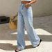 Women's High Waist Wide Leg Jeans Light Wash Yellow Floral Print Loose Fit Floor Length Fresh Pants NY852_mkmklike.com
