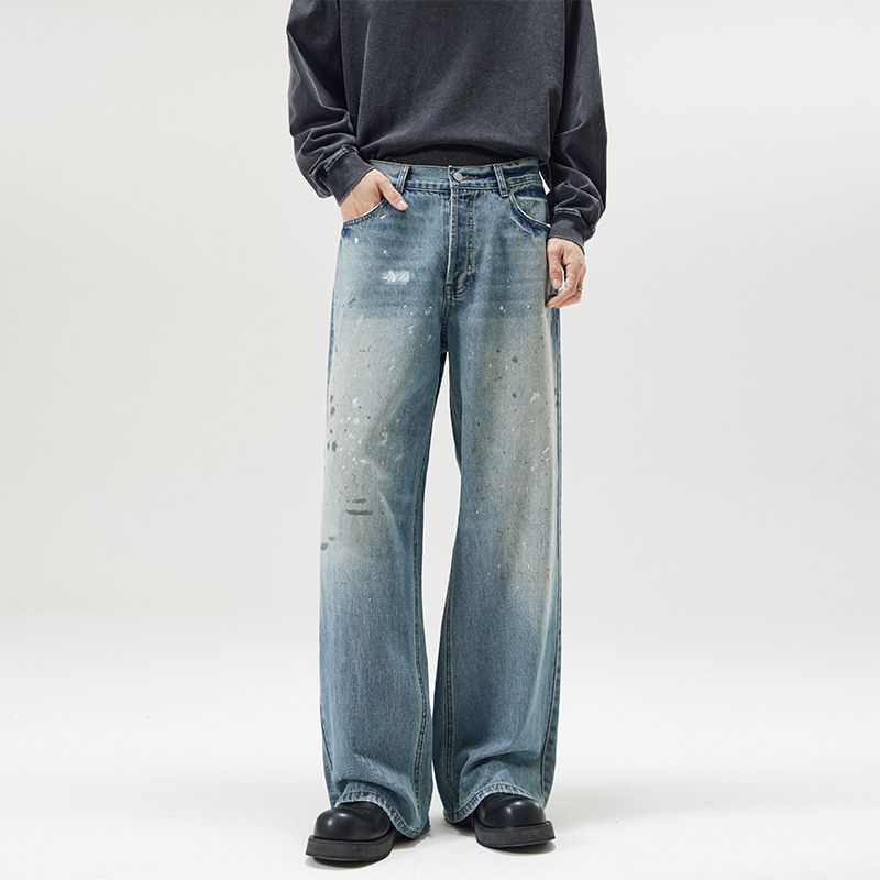 Men's Clothing Street Baggy Version Neutral Wide Leg Mopping Dirty Ink Splashed Distressed Design Jeans_mkmklike.com