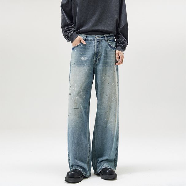 Men's Clothing Street Baggy Version Neutral Wide Leg Mopping Dirty Ink Splashed Distressed Design Jeans_mkmklike.com