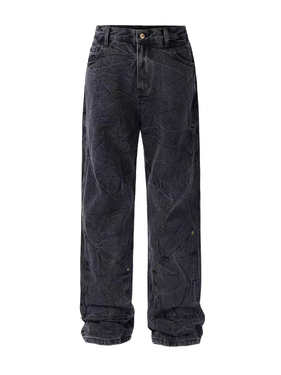 Vintage Snow Wash Denim Jeans For Men - Distressed Ripple Fold Straight Leg Cleanfit Style Comfortable Cotton Casual Pants_mkmklike.com