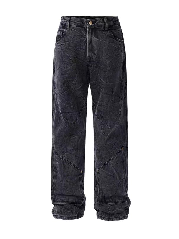 Vintage Snow Wash Denim Jeans For Men - Distressed Ripple Fold Straight Leg Cleanfit Style Comfortable Cotton Casual Pants_mkmklike.com