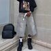 Men's And Women's Streetwear Denim Shorts Straight Wide Loose Capri Rhinestone Decorated_mkmklike.com