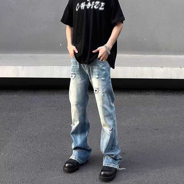 Men's American Retro Cleanfit Ripped Flared Jeans High Street Style Loose Straight Leg Drape Vibe Cross Border_mkmklike.com