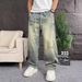 Men's Patchwork Curved Blade Jeans Straight Leg Loose Fit Wide Leg Pants Design Plus Size Spring Autumn_mkmklike.com