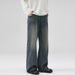 Men's Washed Whiskered Semi Elastic Waist A-Line Jeans American Style Loose Wide Leg Trousers Unisex Relaxed Fit_mkmklike.com
