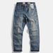 Retro Style Stretchy Denim Trousers Japanese Casual Washed Straight Leg Blue Cotton mid Waist Long Pants for Men_mkmklike.com