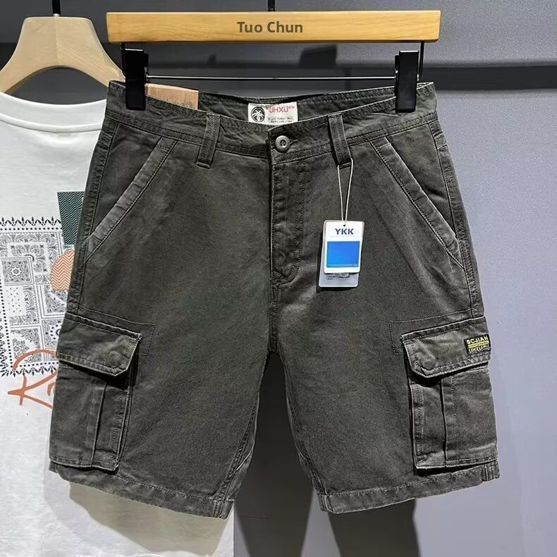 Men's Korean Style Multi Pocket Cargo Denim Shorts Straight Leg Summer Five Point Loose Fit Trendy mid Length Pants for Teenagers_mkmklike.com