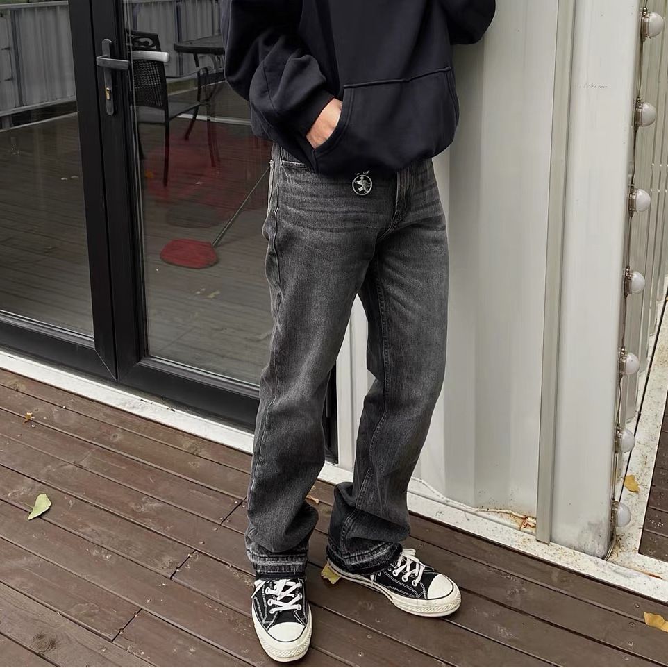 Vintage Nostalgic Snowflake Texture Black Gray Washed Distressed Cat Whiskers Straight-Leg Jeans Niche_mkmklike.com