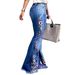 High-Waisted Retro Dark Blue Embroidered Flared Jeans Floor-Length Pants All Seasons Women's Cross-Border Style_mkmklike.com