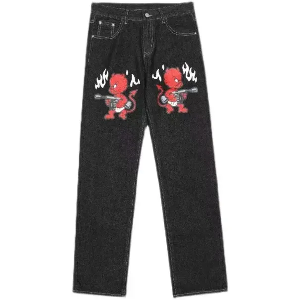 Men Women Cherry Blossom Knight All Embroidery Denim Pants Y2k Vintage Baggy Street Straight Jeans High Waisted Washed_mkmklike.com