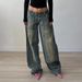 "Vintage Washed Patchwork Low Rise Jeans For Women, Comfortable Loose Fit Casual Denim Pants, Retro American Style Distressed Jeans"_mkmklike.com
