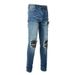 Men's Clothing Washed Cat Whisker Wrinkled Hole Patchwork Leather Elastic Slim Fit Skinny Jeans_mkmklike.com