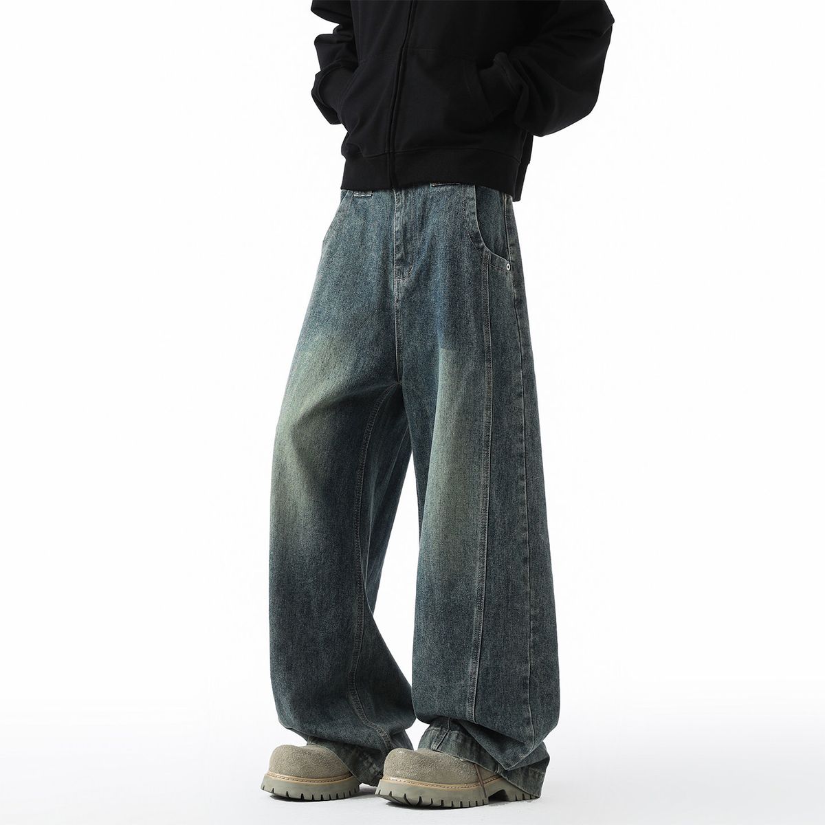Men's Retro Style Straight Leg Wide Leg Jeans High Street Trendy Casual Mid Waist Cleanfit Trousers_mkmklike.com